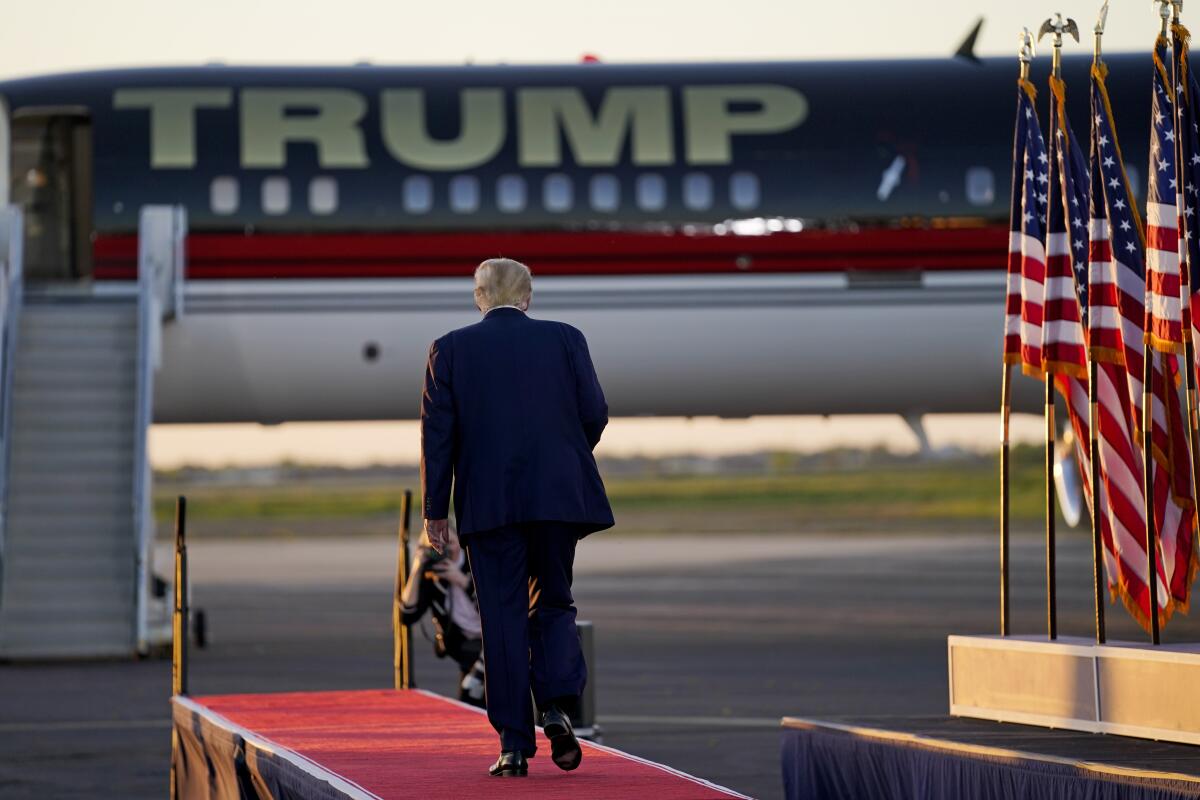 Former President  Trump leaves after speaking at a campaign rally at Waco Regional Airport 