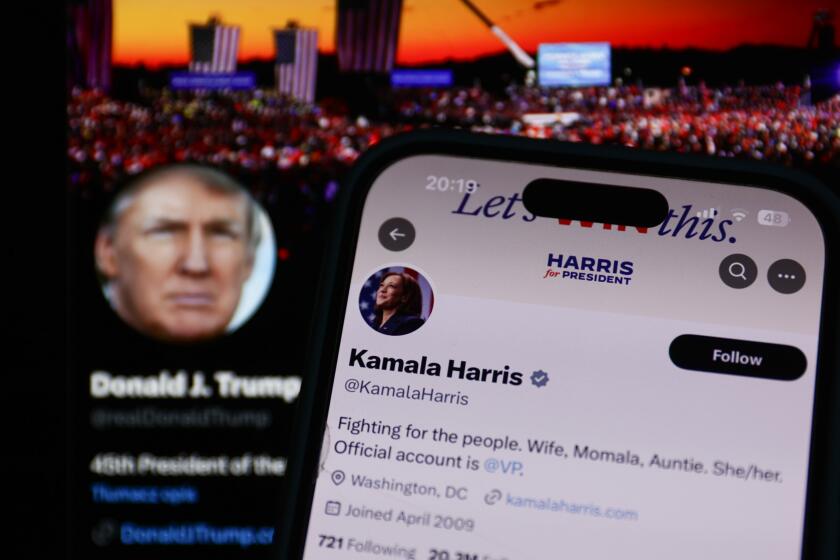 Donald Trump account on X displayed on a laptop screen and Kamala Harris account on X displayed on a phone screen are seen in this illustration photo taken in Poland on July 24, 2024. (Photo by Jakub Porzycki/NurPhoto via Getty Images)