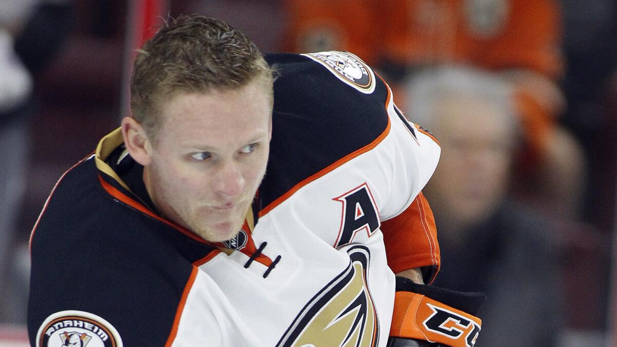 Ducks forward Corey Perry warms up before a game against the Philadelphia Flyers on Oct. 14.