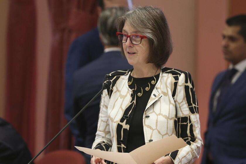 In this photo taken Friday, Aug. 31, 2018, state Sen. Nancy Skinner, D-Berkeley, speaks on a bill before the Senate in Sacramento, Calif. Lawmakers approved Skinner's bill, SB1437, that limits the states "felony murder" rule that holds accomplices to the same standard as if they had personally killed someone. (AP Photo/Rich Pedroncelli)