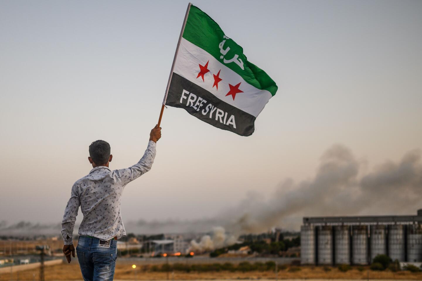 A man waves a Syrian opposition flag reading "Free Syria"