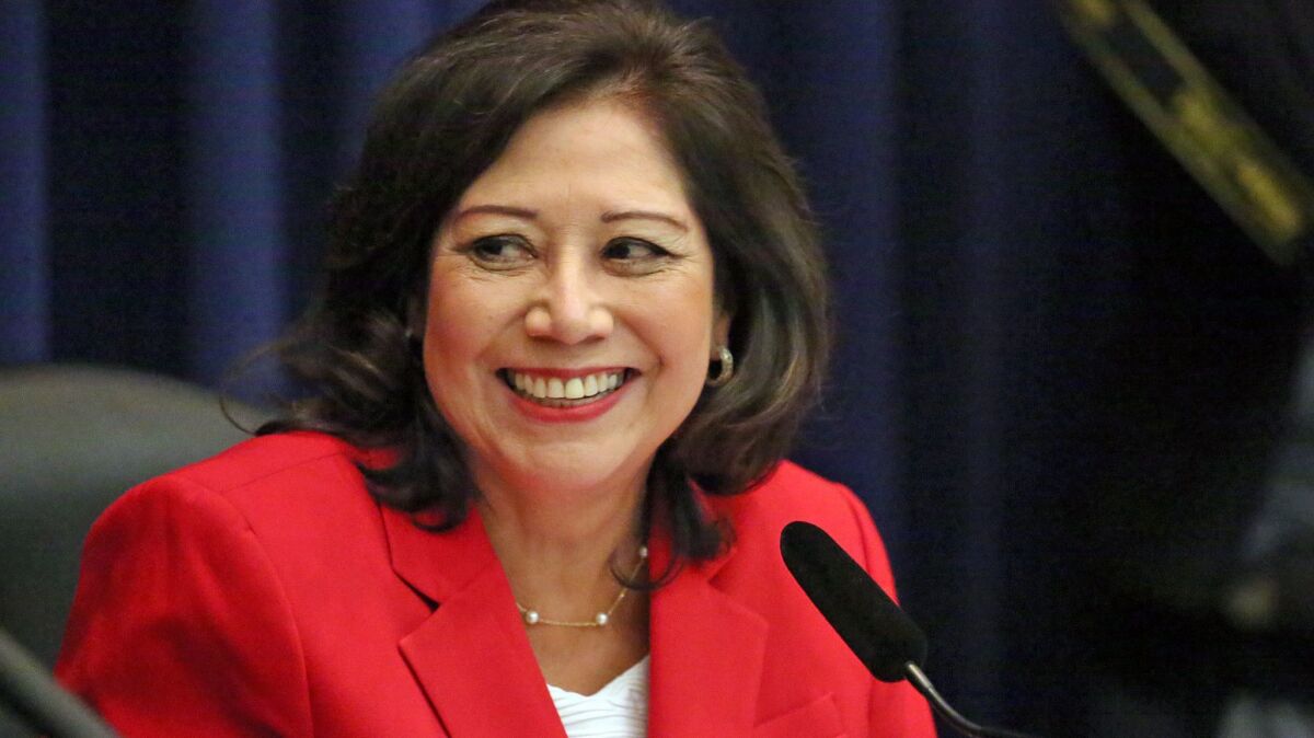 L.A. County Supervisor Hilda Solis, seen in 2015, co-authored a motion approved Tuesday to change Columbus Day to Indigenous Peoples Day. The motion "is not about erasing history," Solis said.