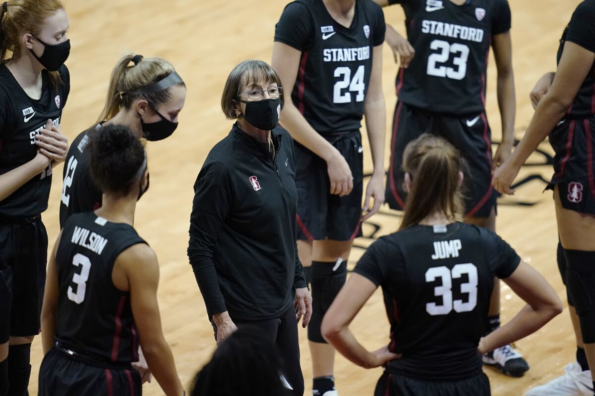 Stanford coach Tara VanDerveer speaks with players during the second half of an NCAA college basketball game against UNLV, Saturday, Dec. 5, 2020, in Las Vegas. (AP Photo/John Locher)