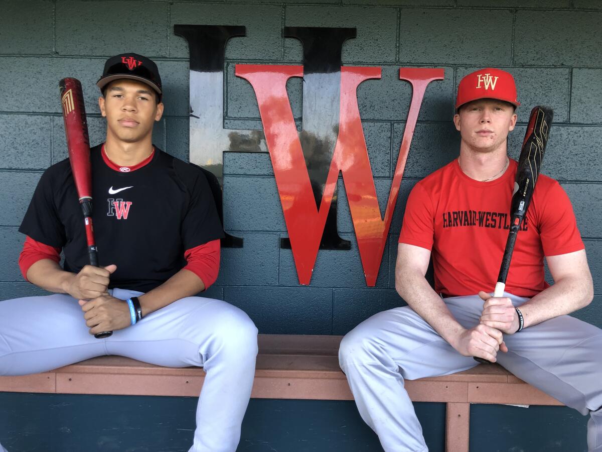 Harvard-Westlake's impressive one-two hitting duo of Drew Bowser, left, and Pete Crow-Armstrong could remind people of the time when Chatsworth featured Mike Moustakas and Matt Dominguez.
