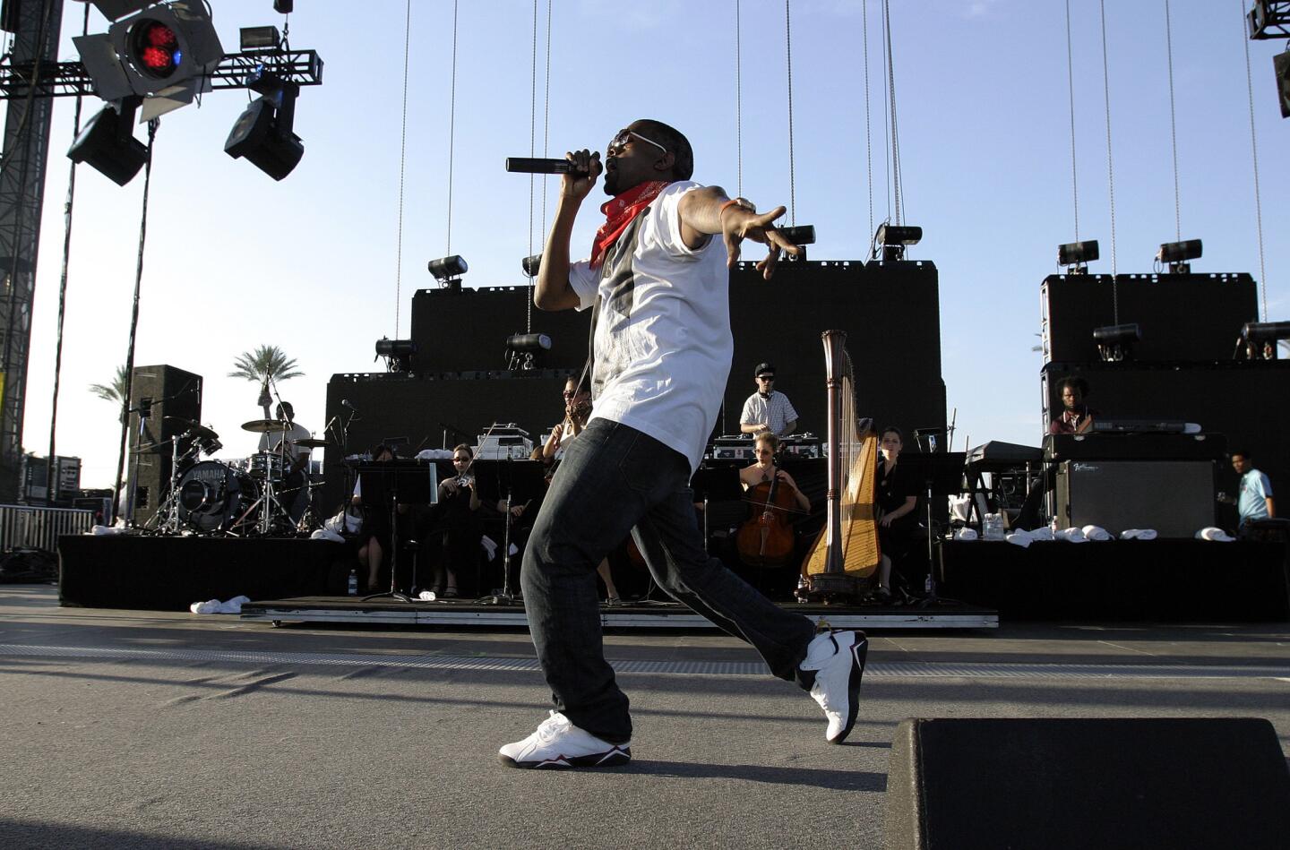 Kanye West at Coachella Valley Music and Arts Festival on the main stage during performance Saturday April 29 2006.