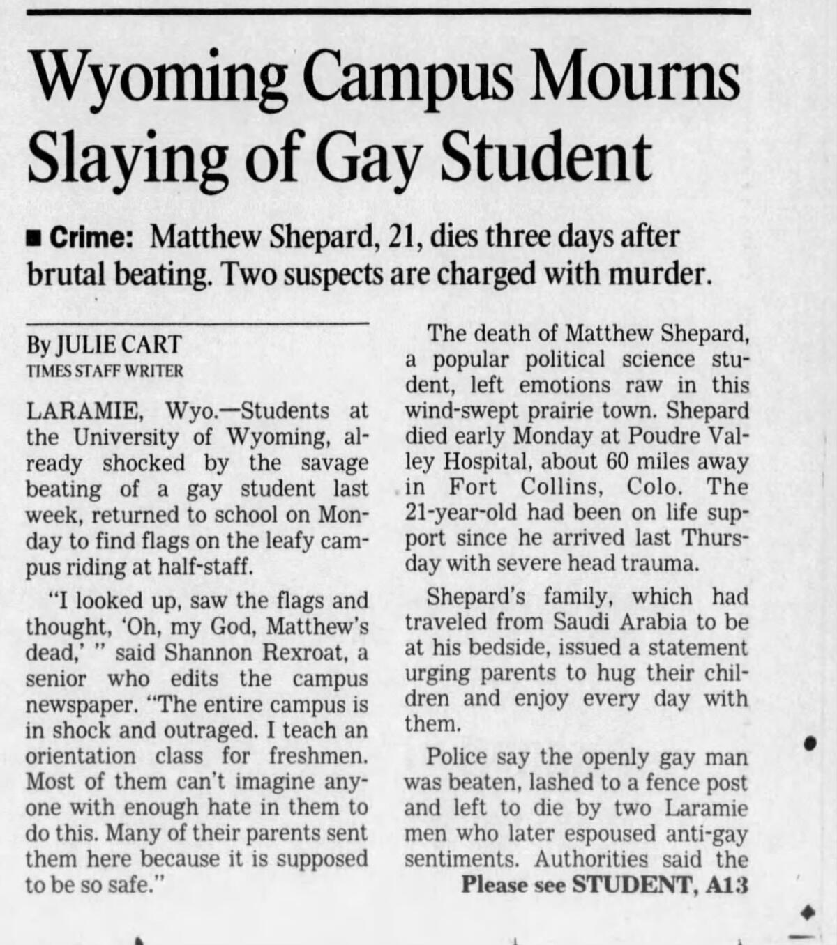 A Times newspaper clipping depicting the death of American college student Matthew Shepard