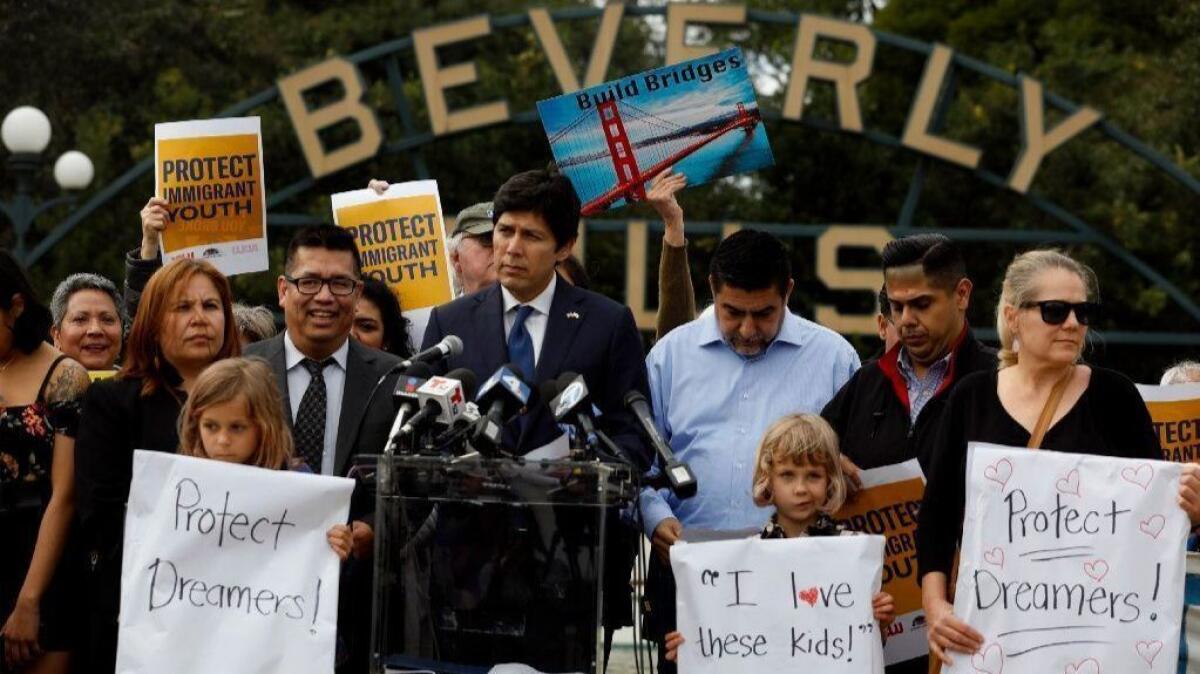 State Sen. Kevin de León speaks in Beverly Hills on March 12. De León, the author of Senate Bill 54, and a diverse coalition of civil rights and labor groups held a rally on the eve of President Trump's visit to Beverly Hills.