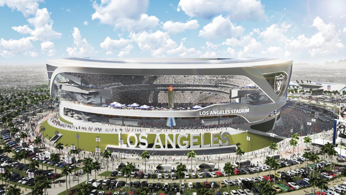 A new rendering of the proposed $1.7-billion stadium in Carson shows a side view of the open-air arena.