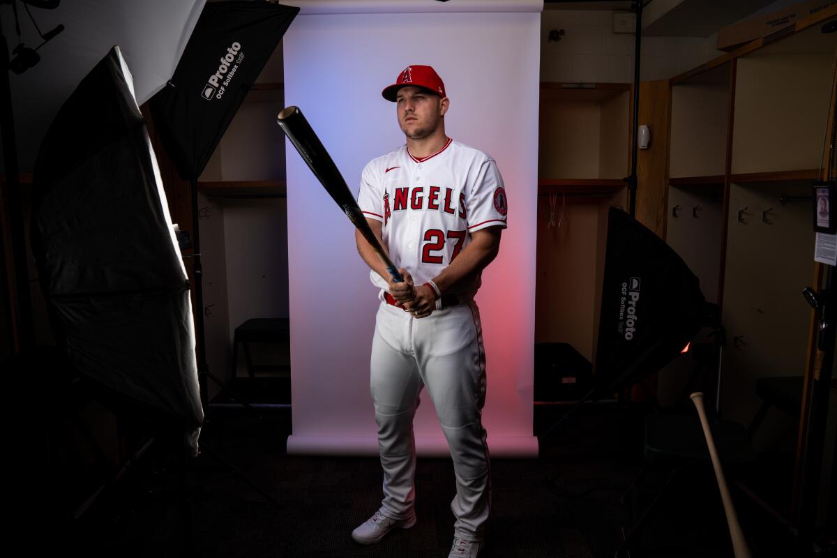 Angels outfielder Mike Trout (27) poses for a portrait during photo day at Tempe Diablo Stadium on Feb. 18.
