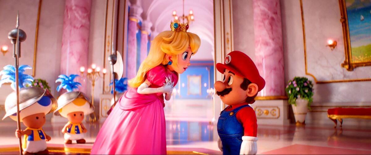 An animated still of Nintendo characters Princess Peach and Mario conversing inside a castle with mushroom guards