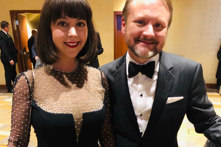 Karina Longworth and "Knives Out" director Rian Johnson at the 92nd Academy Awards.