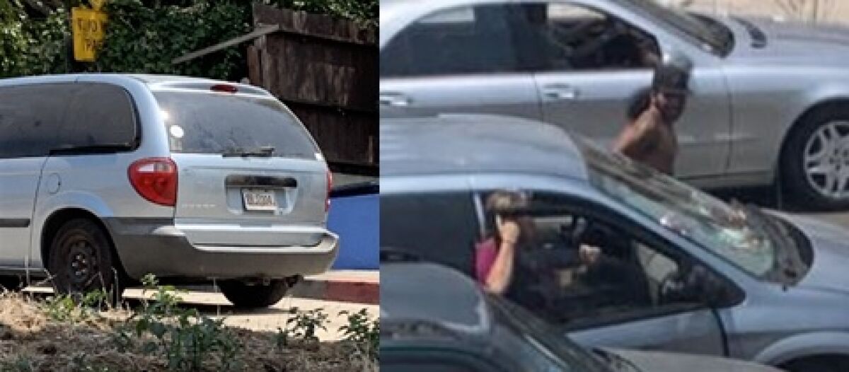 San Diego police said these images showed a 2005 Dodge Caravan that fled after hitting a bicyclist Friday afternoon.