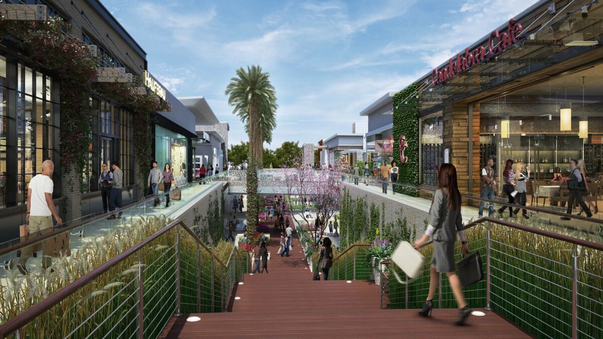 Part of Westfield's $300 million planned renovation for its Carlsbad mall is a grand staircase leading down to the ground floor of the center. — JPRA Architects, 505 Design and Westfield