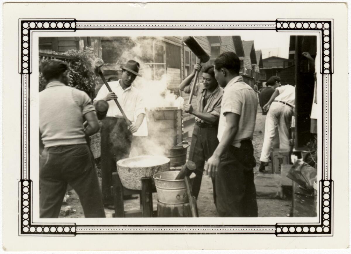 Four men at a mochitsuki on Terminal Island in 1940