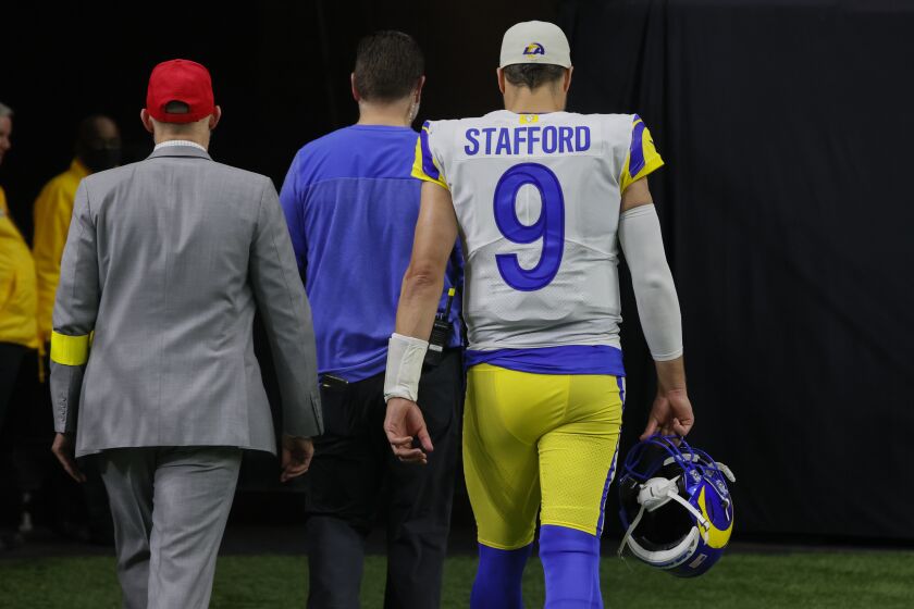 Los Angeles Rams quarterback Matthew Stafford leaves the field in the second half of an NFL football game against the New Orleans Saints in New Orleans, Sunday, Nov. 20, 2022. (AP Photo/Butch Dill)