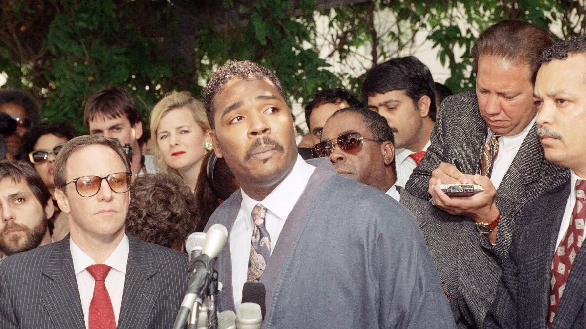 Rodney King speaks during a news conference on May 1, 1992 in Los Angeles, following the verdicts in the trial against four LAPD officers who beat him.