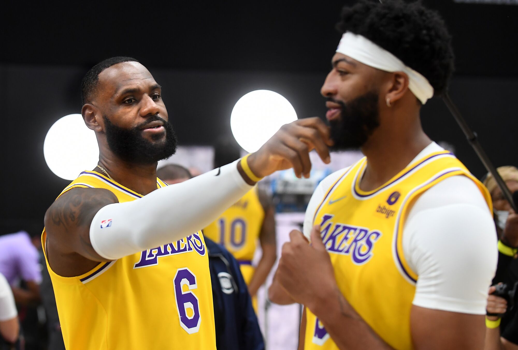 Lakers Lebron James, left, and Anthony Davis have fun during media day,