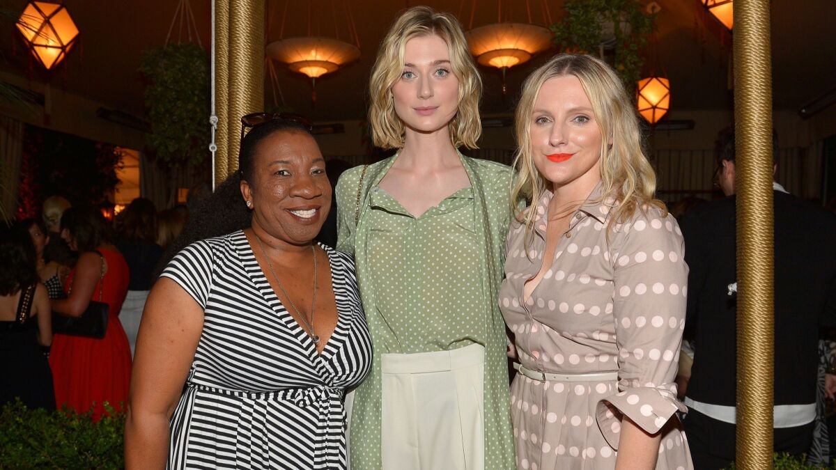 #MeToo movement founder Tarana Burke, from left, Elizabeth Debicki, wearing a look from Max Mara, and InStyle editor-in-chief Laura Brown, also in Max Mara, at the Women in Film Max Mara Face of the Future event at the Chateau Marmont on Tuesday.