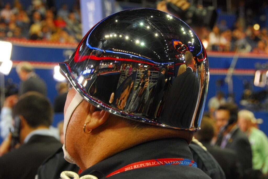 Bob Fleischmann, of Tampa, shows off his headgear as part of the Amputee Veterans of America Support Team at the RNC on Aug. 29, 2012.