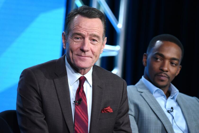 Bryan Cranston and Anthony Mackie participate in the panel for "All the Way" during HBO's presentation at the Television Critics Assn. media tour in Pasadena on Jan. 7.