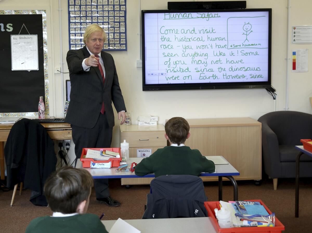 British Prime Minister Boris Johnson in a classroom