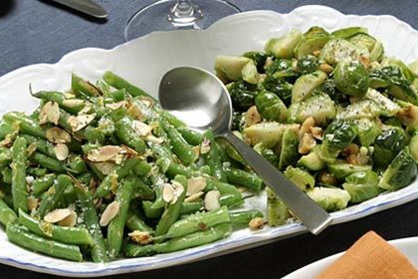 Meyer lemon green beans with almonds while hazelnuts and oil dress up Brussels sprouts.