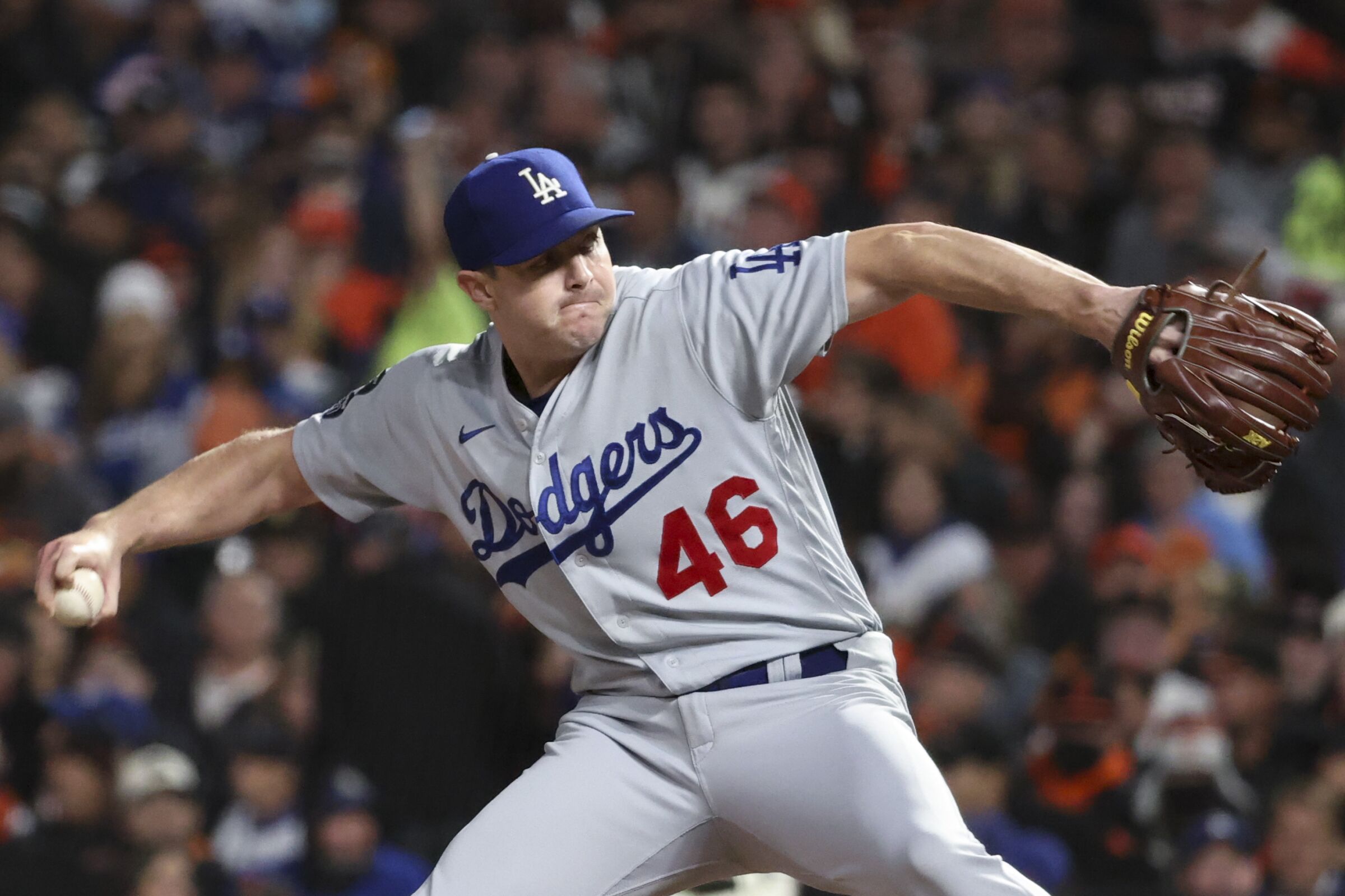 Dodgers relief pitcher Corey Knebel delivers during the seventh inning of Game 2 of the NLDS against the Giants.