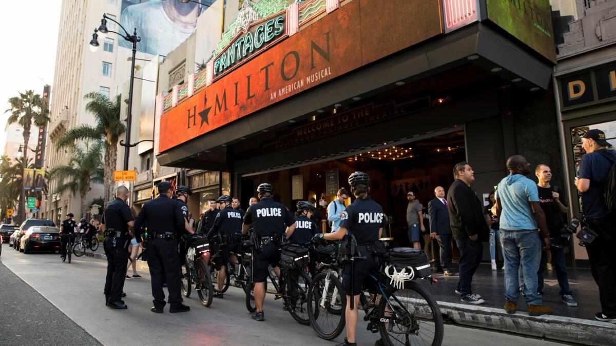 Law enforcement in front of the Pantages Theatre in Hollywood for the Southern California opening night of the Tony-winning "Hamilton: An American Musical."