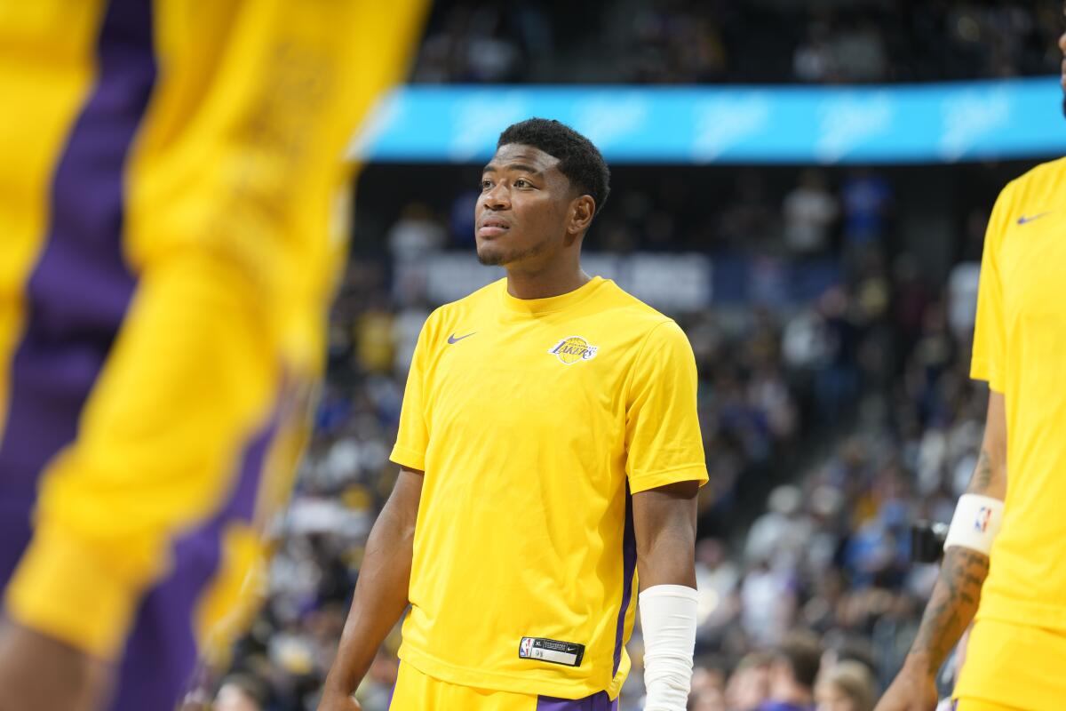 Lakers forward Rui Hachimura stands on the court before a game against the Denver Nuggets on Oct. 24.