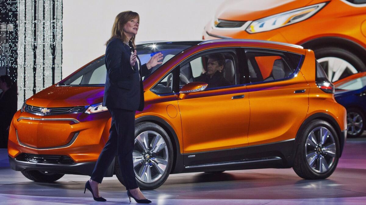 General Motors CEO Mary Barra introducing the Chevy Bolt in 2017.