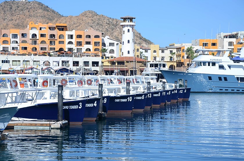 Tenders at Cabo San Lucas wait to carry cruise passengers between ship and shore. 