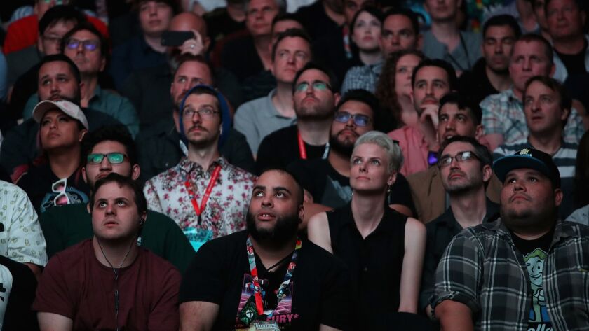 Game enthusiasts and industry personnel attend the Bethesda E3 conference at the Event Deck at LA Live in Los Angeles