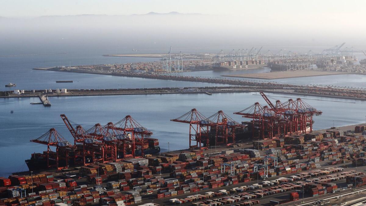 The Port of Long Beach, the nation’s second-busiest container port, is pictured Sept. 18. An oil tanker was issued a violation notice after air-quality officials received complaints of petroleum-like odors in Long Beach downwind from where the ship was docked.