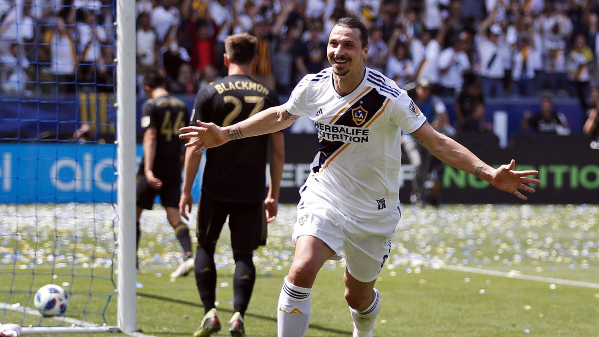FILE - In this March 31, 2018, file photo, Los Angeles Galaxy's Zlatan Ibrahimovic 