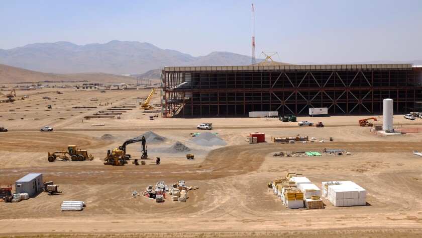 Tesla's $5 billion Gigafactory battery plant under construction outside Reno, Nevada.
