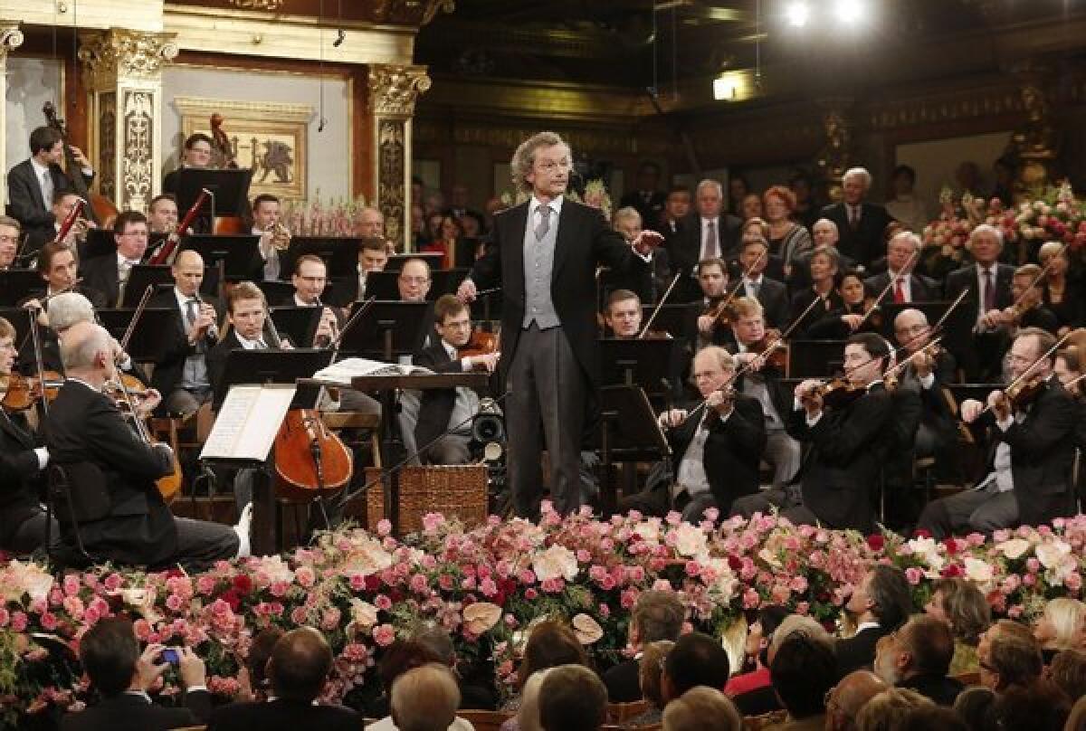 Conductor Franz Welser-Moest and members of the Vienna Philharmonic Orchestra performing the traditional New Year's concert earlier this year.