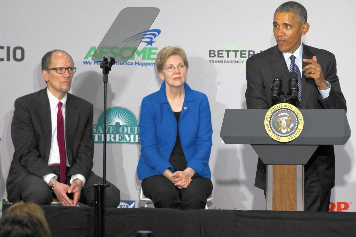 Labor Secretary Thomas Perez, left, and Sen. Elizabeth Warren (D-Mass.) listen as President Obama speaks at AARP in Washington.