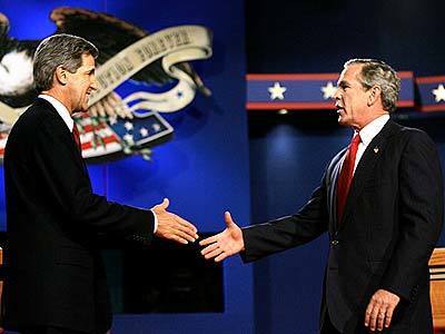 President George W. Bush and Sen. John Kerry of Massachusetts greet each other at the start of their third and final debate at Arizona State University in Tempe, Ariz.