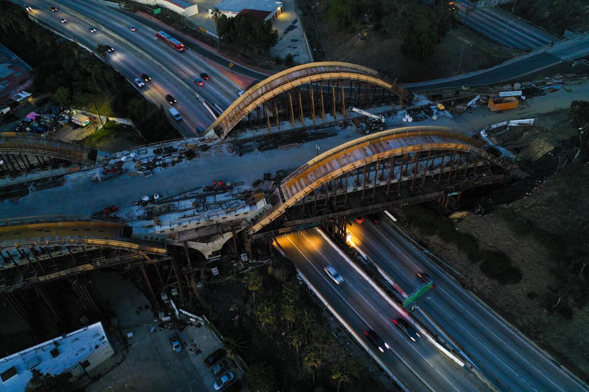 An aerial view of the Sixth Street Viaduct Replacement Project that crosses the 101 Freeway in Los Angeles. 