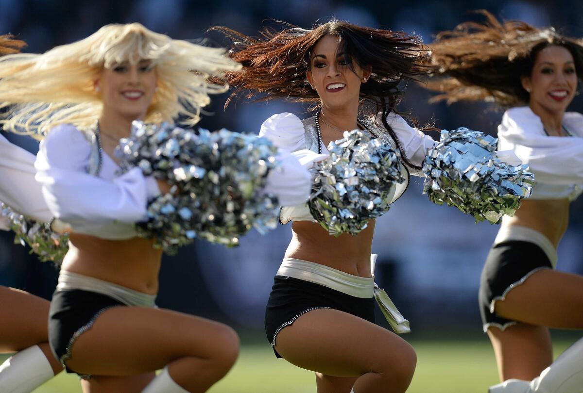 The Oakland Raiderettes perform during a game in Oakland against the Tennessee Titans in November. After two wage theft lawsuits were filed against the team, the Raiders have dramatically increased cheerleader wages for the 2015-15 season.