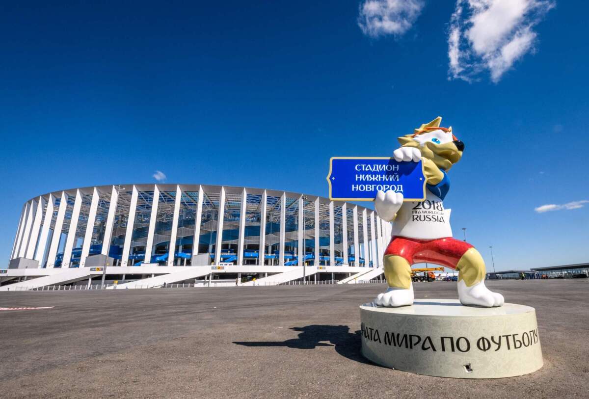 A photo taken on May 21, 2018 shows FIFA World Cup 2018 mascot Zabivaka, placed in front of the Nizhny Novgorod Arena in Nizhny Novgorod. the stadium will host four group matches, Round of 16 game and a quarter-final football match of the FIFA World Cup 2018.