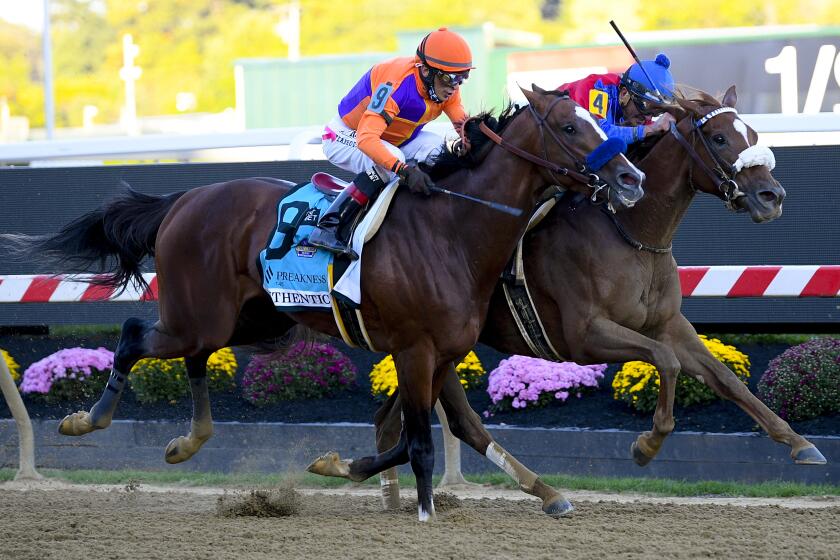 Swiss Skydiver, right, ridden by Robby Albarado, leads Authentic, ridden by John Velazquez.