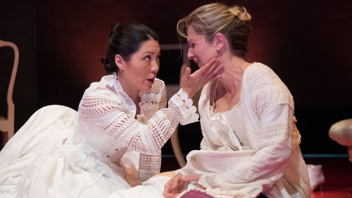 Carie Kawa, left and Meghan Andrews in Boston Court's "Ladies."