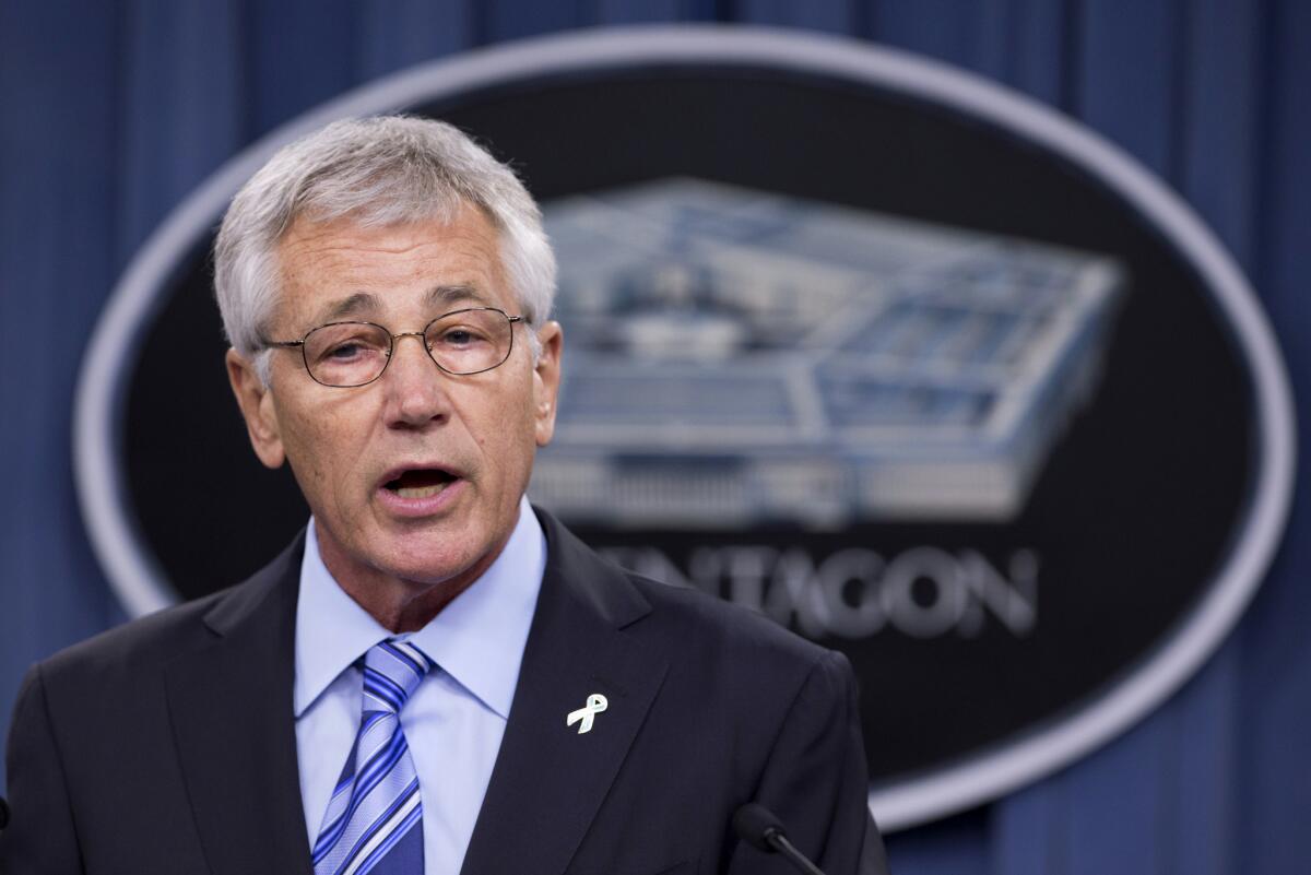 Defense Secretary Chuck Hagel speaks to reporters at the Pentagon on May 1.