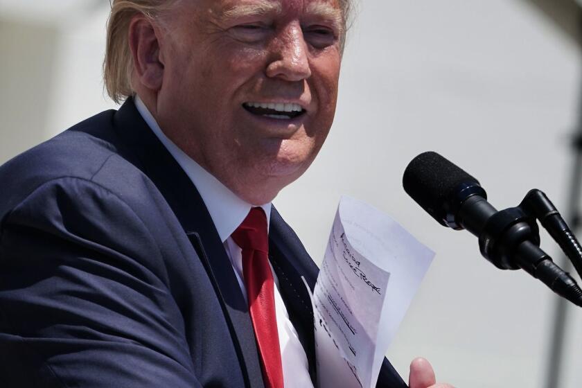 WASHINGTON, DC - JULY 15: U.S. President Donald Trump puts away his notes after addressing his Made In America product showcase at the White House July 15, 2019 in Washington, DC. Trump talked with American business owners during the third annual showcase, one day after tweeting that four Democratic congresswomen of color should go back to their own countries. (Photo by Chip Somodevilla/Getty Images) ** OUTS - ELSENT, FPG, CM - OUTS * NM, PH, VA if sourced by CT, LA or MoD **