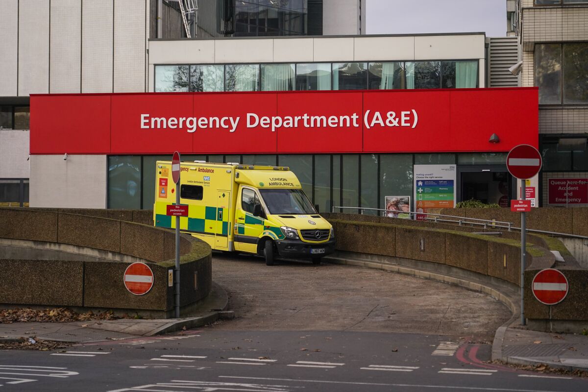 An ambulance is parked outside a hospital in London.