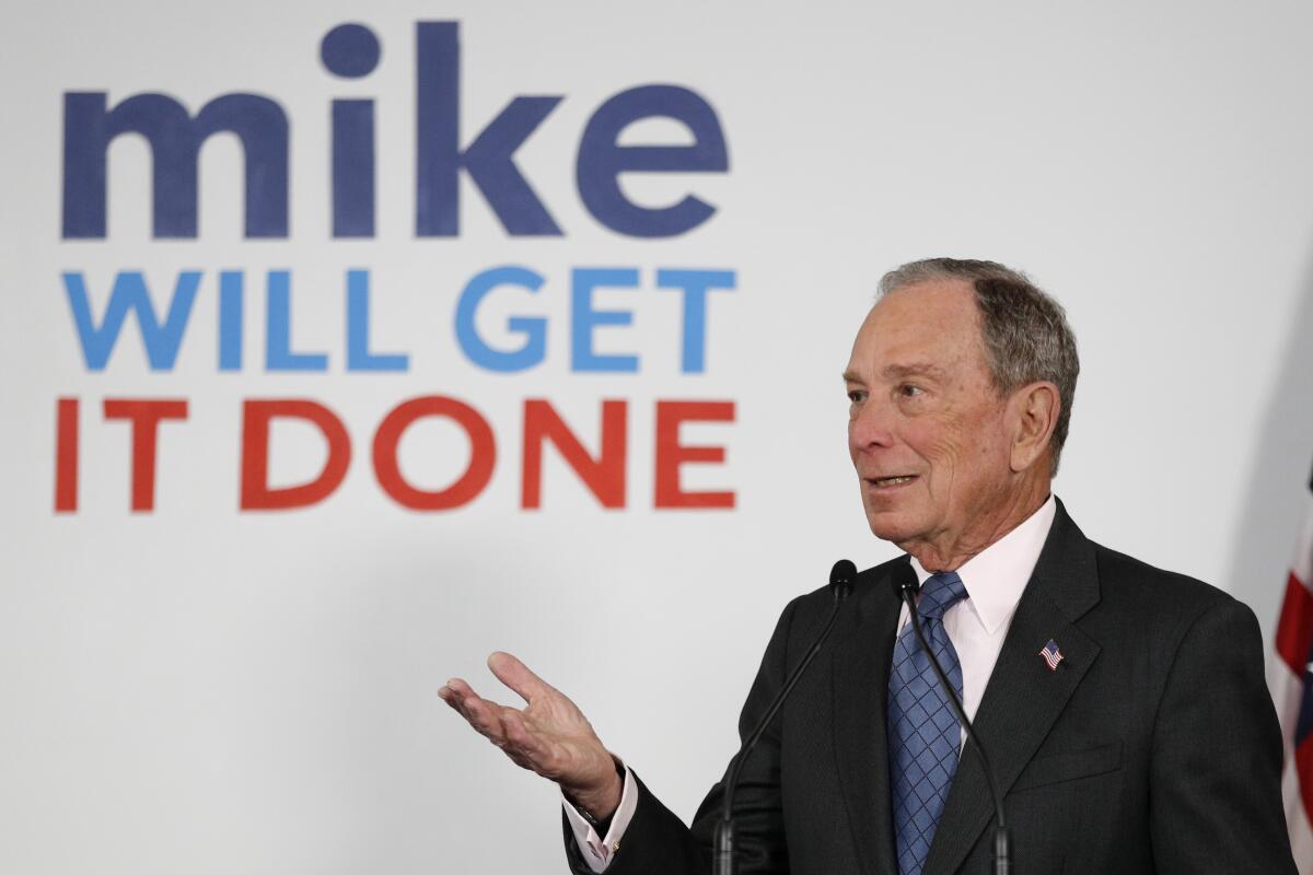 Democratic presidential candidate and former New York City Mayor Michael R. Bloomberg speaks to supporters at a campaign office in Scarborough, Maine, on Monday.