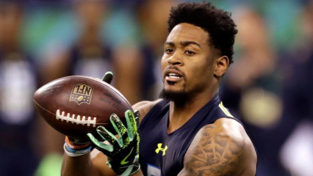 Former Ohio State cornerback Gareon Conley runs a drill at the NFL scouting combine in Indianapolis on March 6.