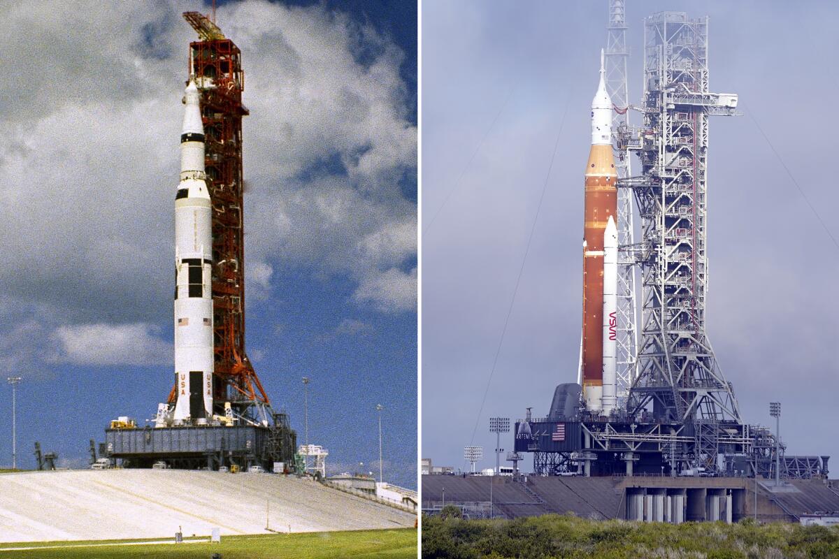 Esta imagen combinada muestra al cohete Saturno V de la misión del Apolo 12 en la plataforma de lanzamiento 