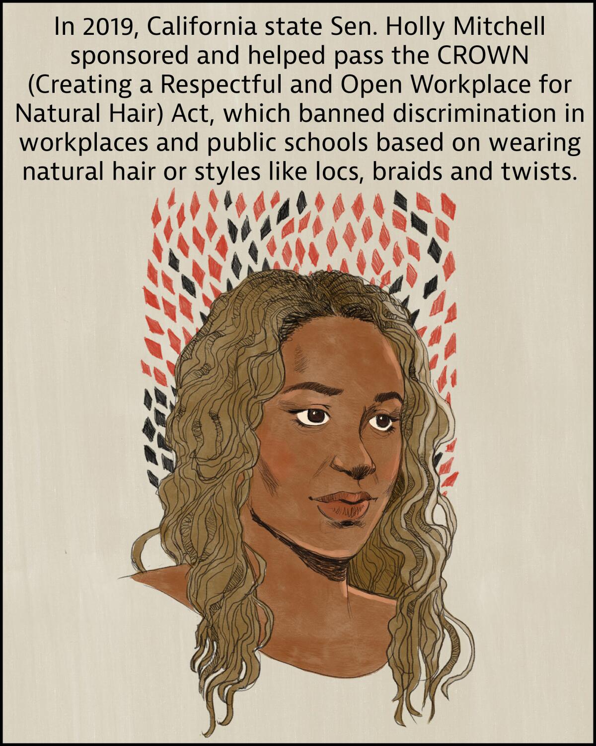 In 2019, Sen. Holly Mitchell helped pass Creating a Respectful an Open Workplace for Natural Hair which banned discrimination